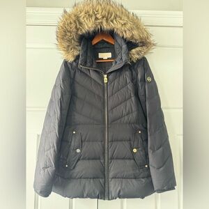 Michael Kors Black Puffer Jacket with Faux Fur Trim
